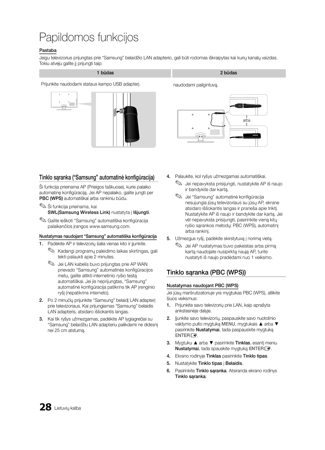 Samsung UE32C6500UWXBT, UE40C6510UWXBT manual Tinklo sąranka PBC WPS, Tinklo sąranka Samsung automatinė konfigūracija 