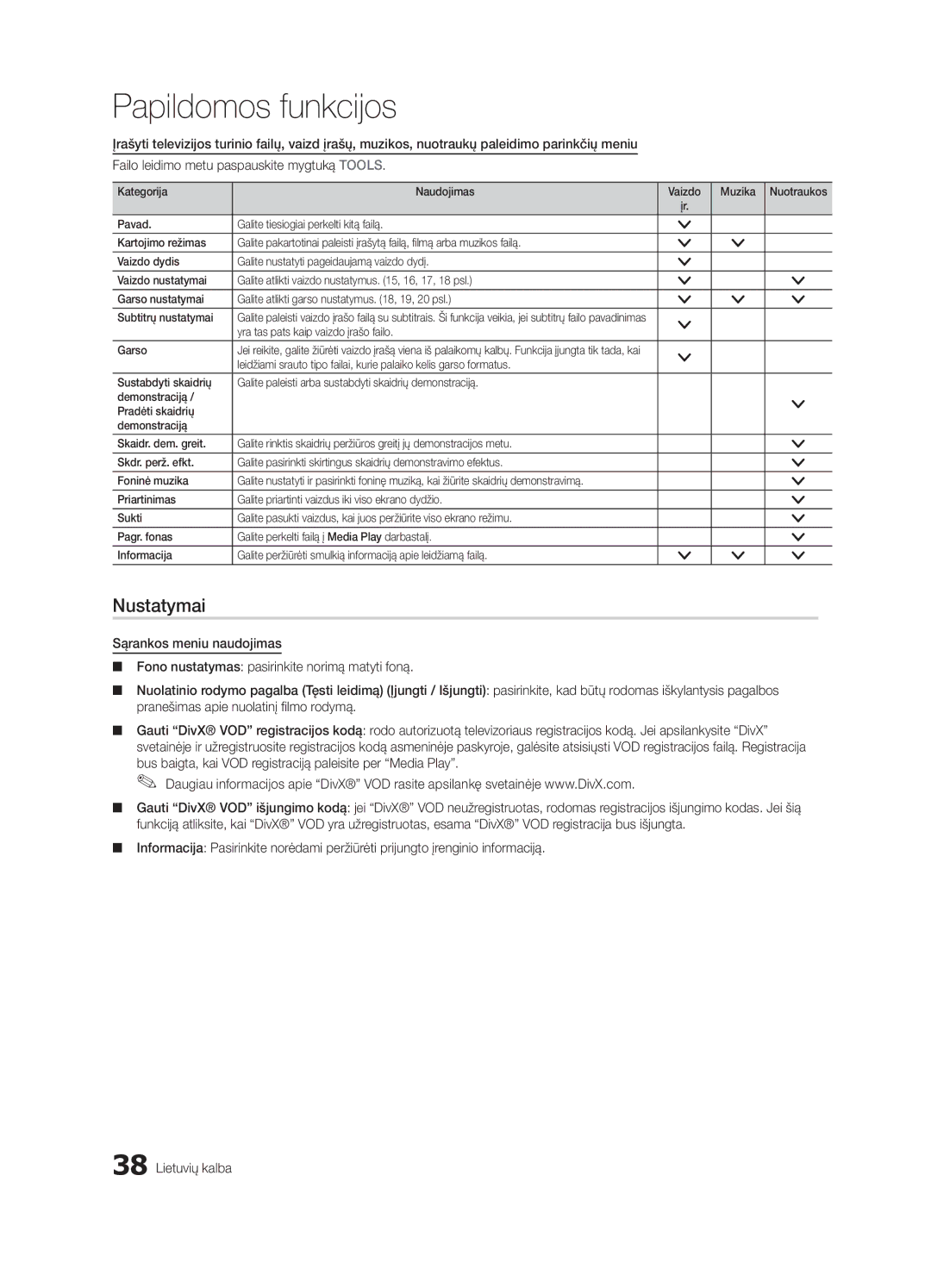 Samsung UE32C6500UWXBT, UE40C6510UWXBT, UE40C6500UWXBT manual Nustatymai, Yra tas pats kaip vaizdo įrašo failo Garso 