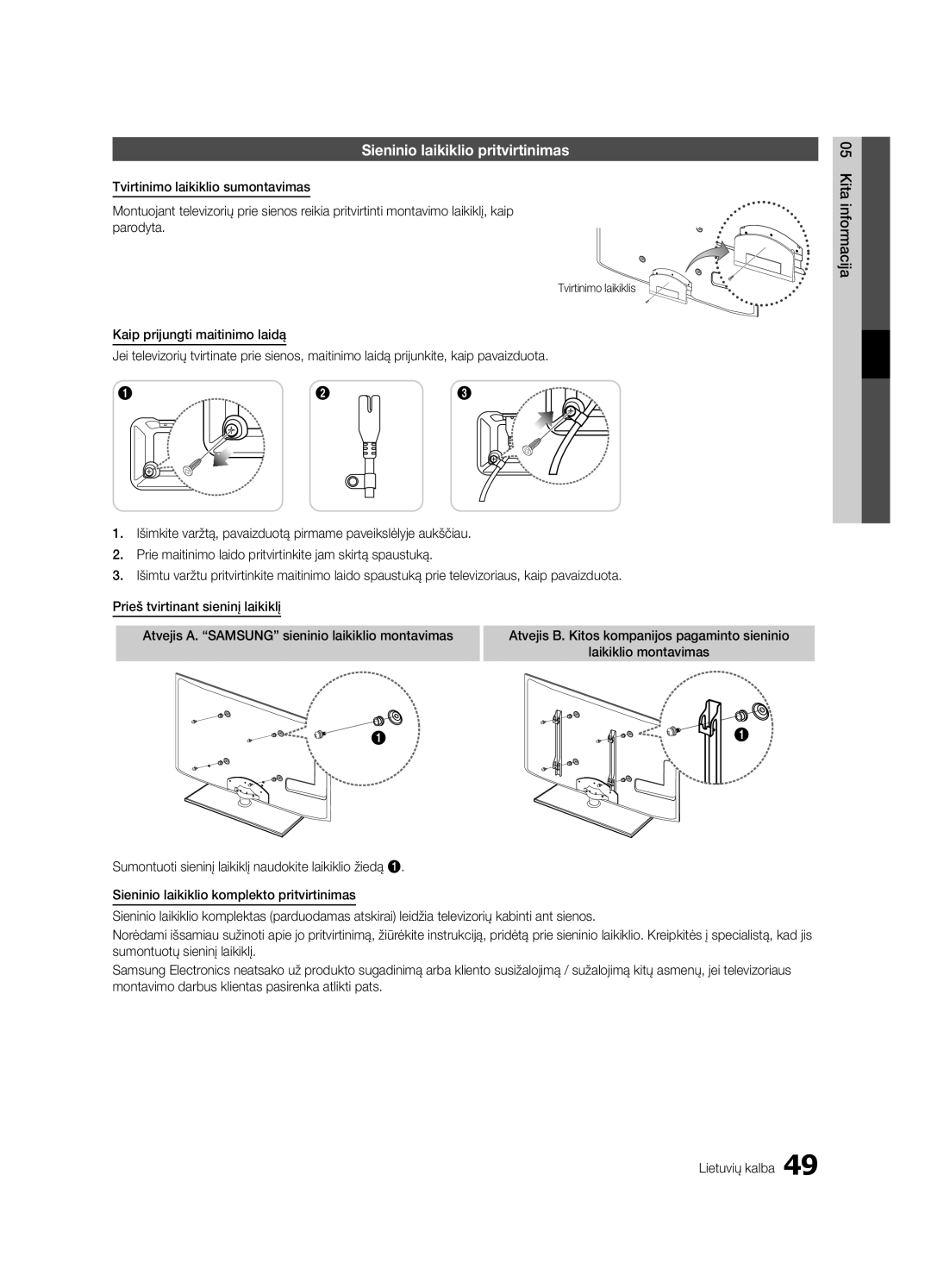 Samsung UE46C6500UWXBT, UE40C6510UWXBT manual Sieninio laikiklio pritvirtinimas, Laikiklio montavimas, Tvirtinimo laikiklis 