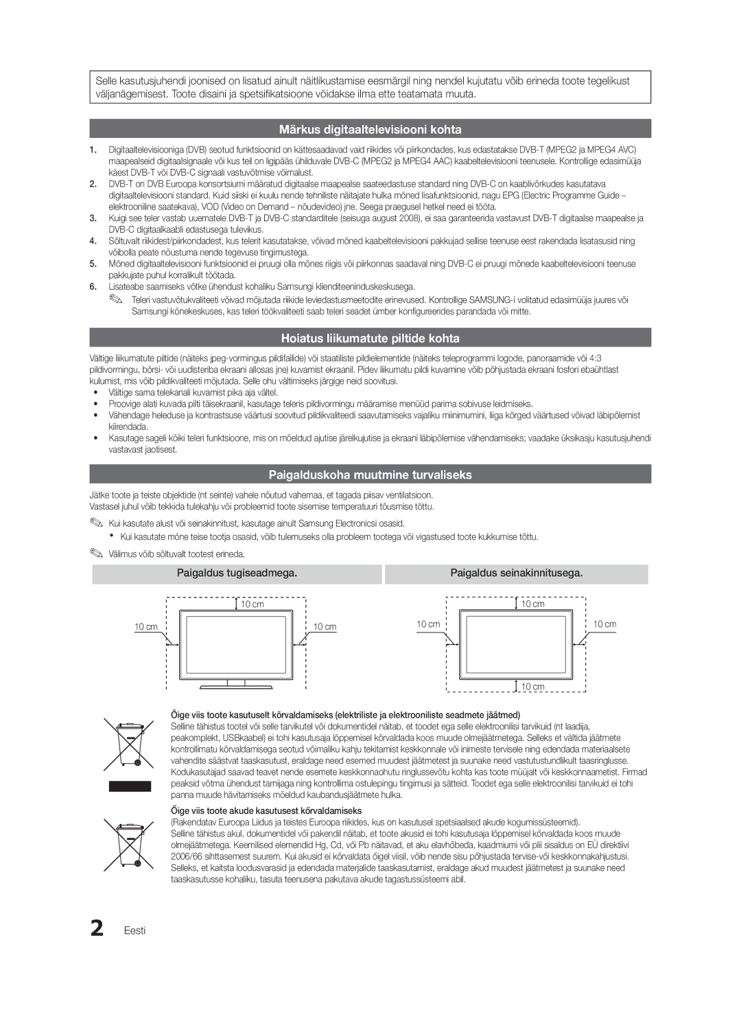 Samsung UE40C6530UWXBT manual Paigalduskoha muutmine turvaliseks, Paigaldus tugiseadmega Paigaldus seinakinnitusega, Eesti 