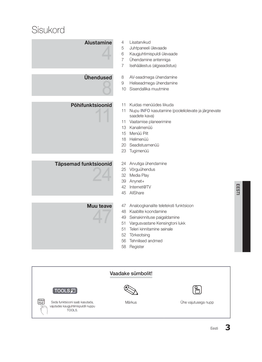 Samsung UE46C6530UWXBT, UE40C6510UWXBT, UE40C6500UWXBT manual Sisukord, Vaadake sümbolit, Märkus, Ühe vajutusega nupp 