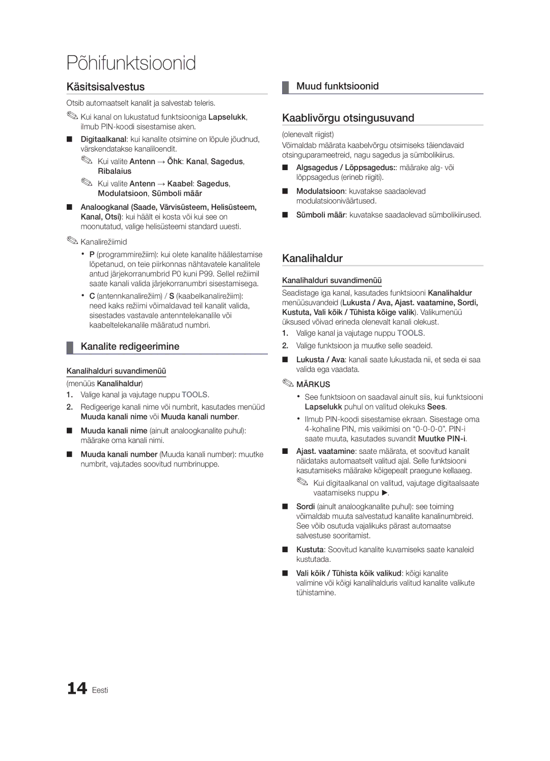 Samsung UE40C6510UWXRU manual Käsitsisalvestus, Kaablivõrgu otsingusuvand, Kanalite redigeerimine, Muud funktsioonid 