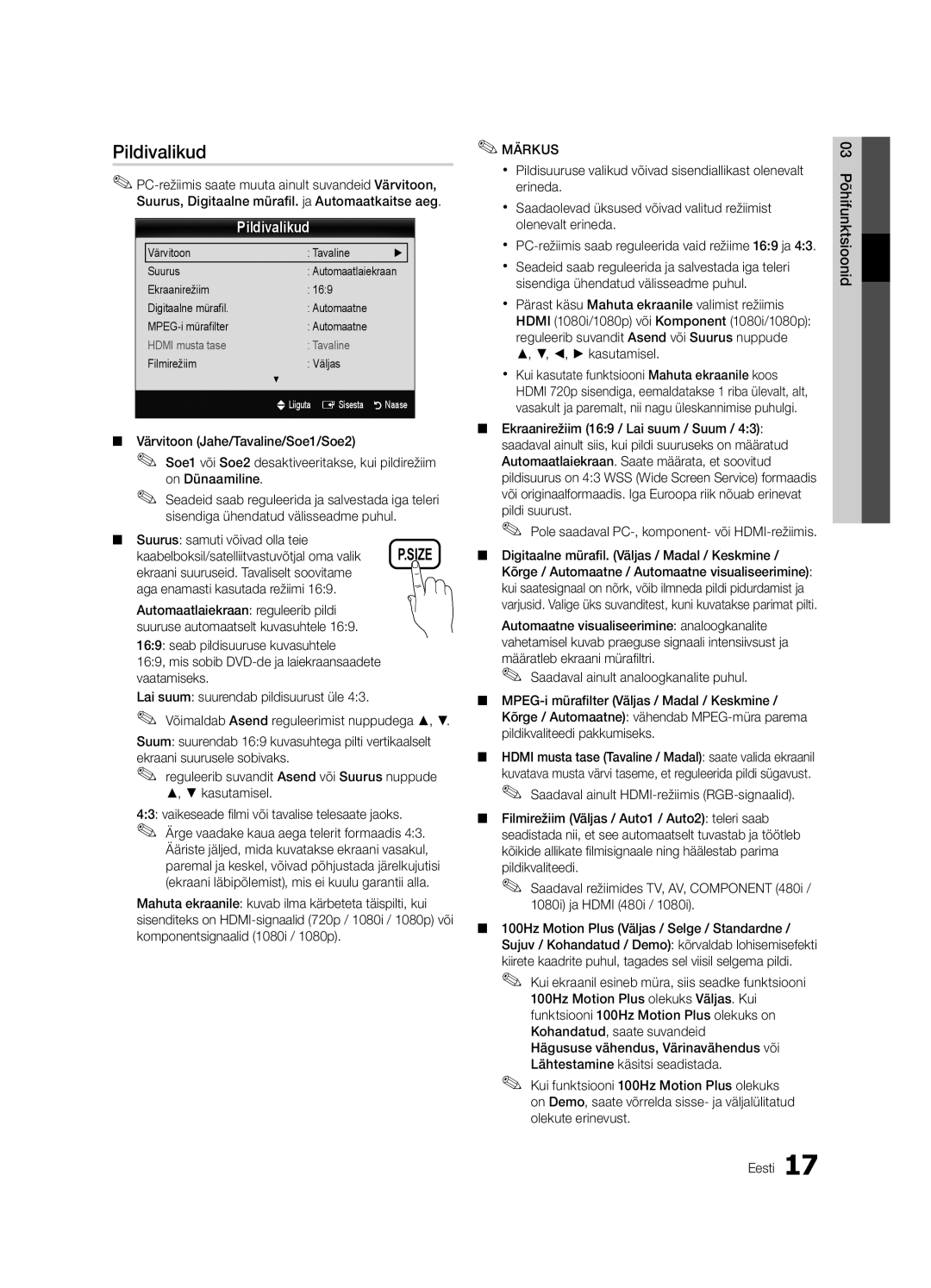 Samsung UE40C6500UWXBT manual Pildivalikud, Suurus samuti võivad olla teie, Kaabelboksil/satelliitvastuvõtjal oma valik 