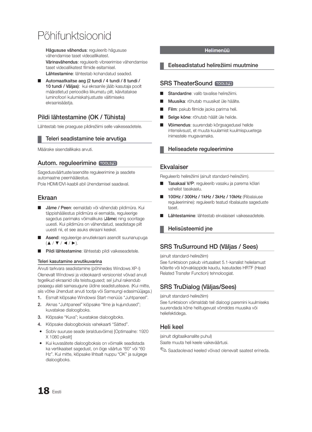 Samsung UE32C6510UWXBT manual Pildi lähtestamine OK / Tühista, Autom. reguleerimine t, Ekraan, Ekvalaiser, Heli keel 