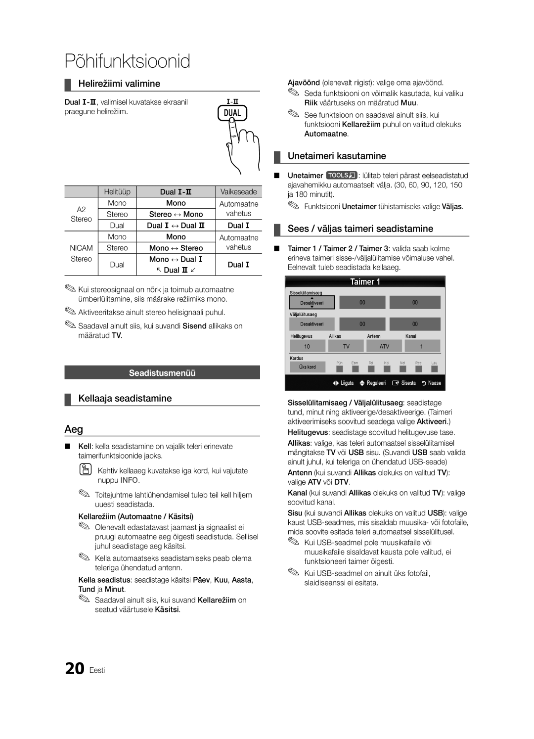 Samsung UE32C6500UWXBT, UE40C6510UWXBT manual Aeg, Helirežiimi valimine, Kellaaja seadistamine, Unetaimeri kasutamine 