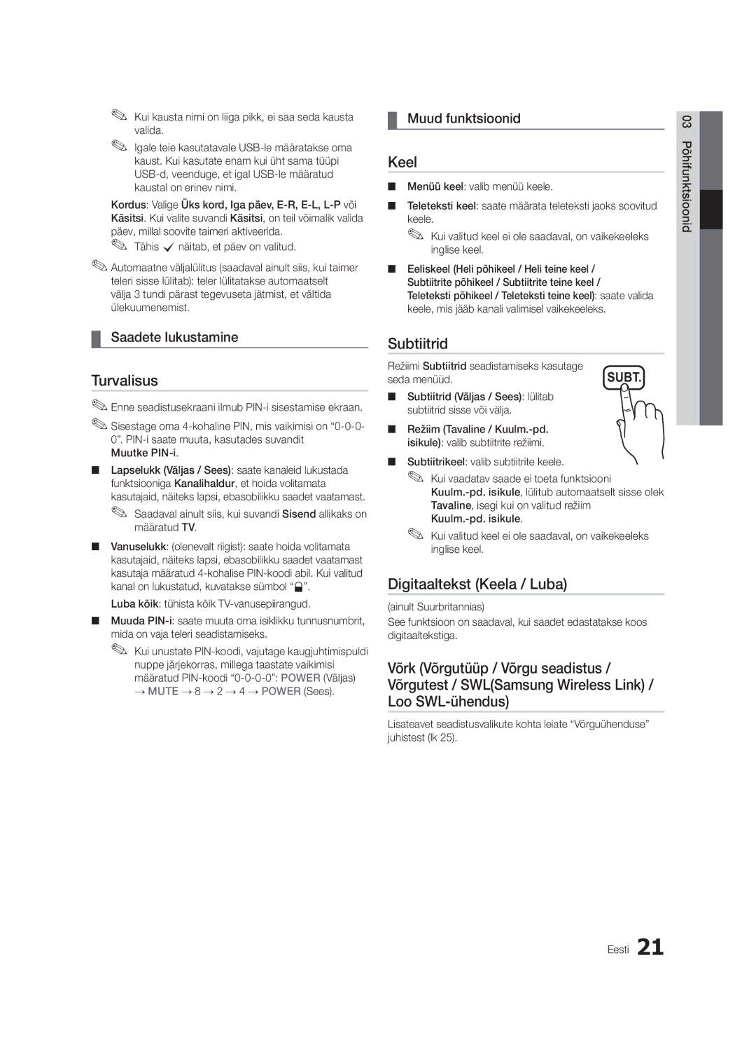 Samsung UE46C6500UWXBT, UE40C6510UWXBT manual Turvalisus, Subtiitrid, Digitaaltekst Keela / Luba, Saadete lukustamine 