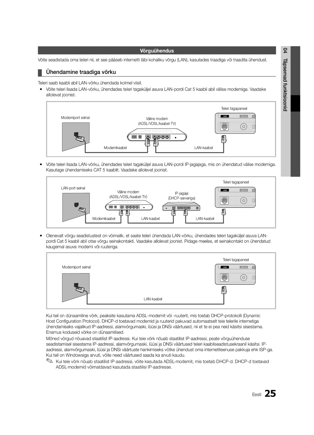 Samsung UE32C6510UWXRU, UE40C6510UWXBT, UE40C6500UWXBT, UE32C6510UWXBT manual Ühendamine traadiga võrku, Võrguühendus 