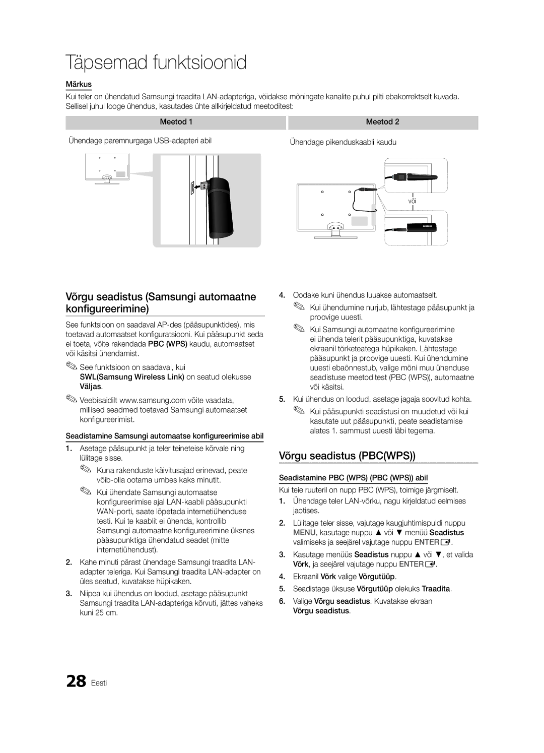 Samsung UE32C6510UWXBT, UE40C6510UWXBT manual Võrgu seadistus Samsungi automaatne konfigureerimine, Võrgu seadistus Pbcwps 