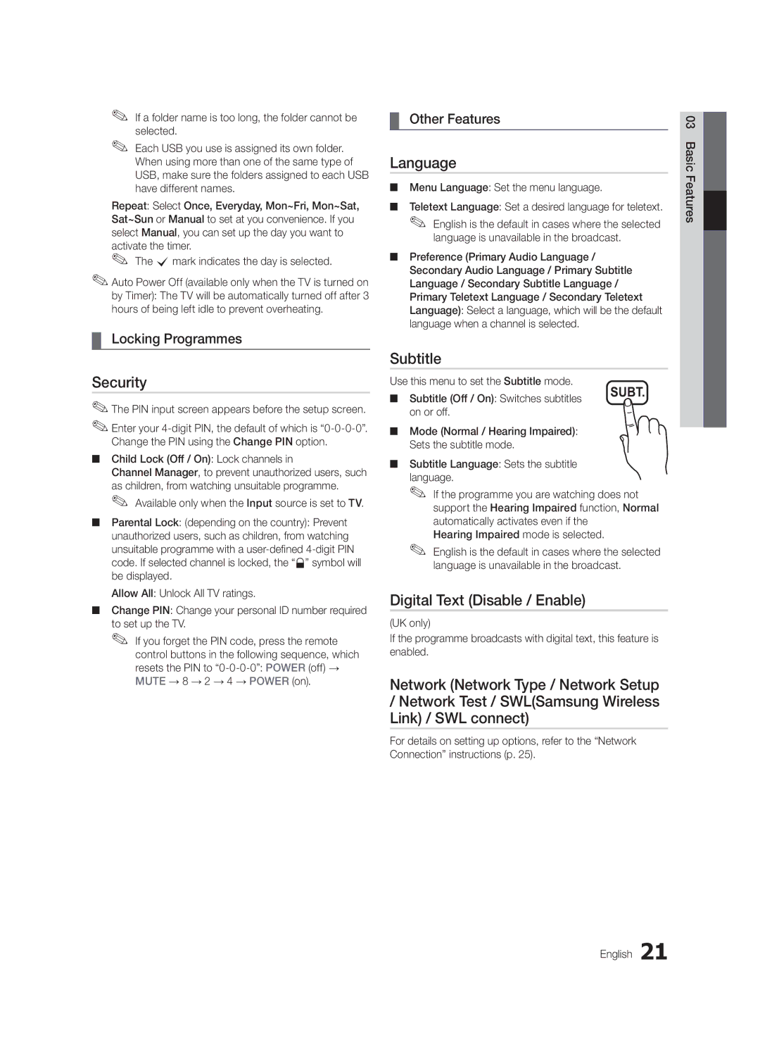 Samsung UE40C6500UWXBT, UE40C6510UWXBT Security, Language, Subtitle, Digital Text Disable / Enable, Locking Programmes 