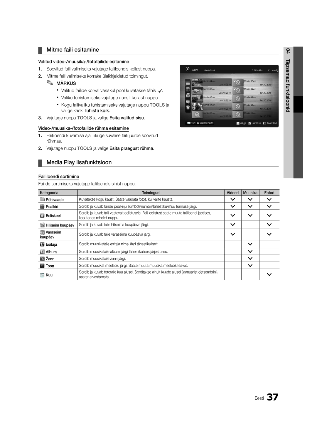 Samsung UE40C6500UWXBT manual Mitme faili esitamine, Media Play lisafunktsioon, Täpsemad, Kasutades rohelist nuppu 