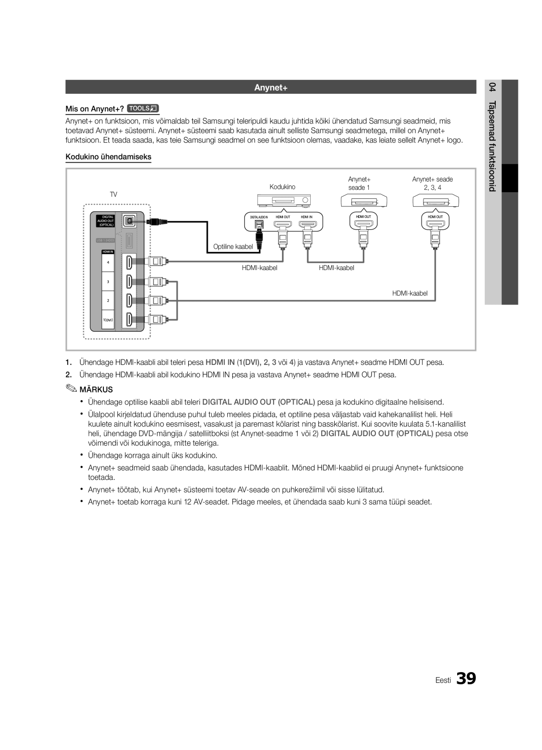 Samsung UE32C6530UWXBT manual Mis on Anynet+? t, Kodukino ühendamiseks, Kodukino Anynet+, Seade, HDMI-kaabelHDMI-kaabel 