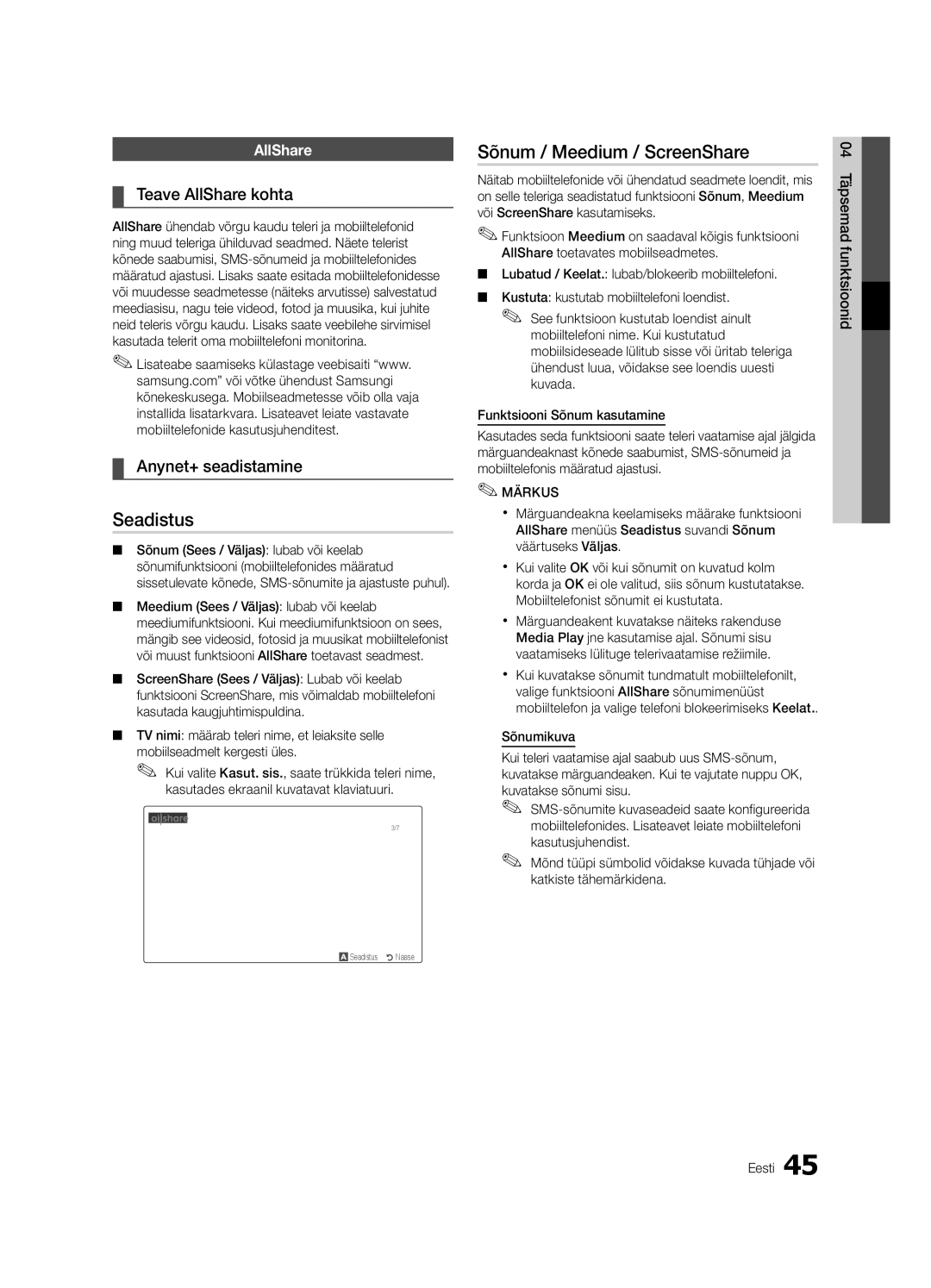 Samsung UE32C6510UWXRU, UE40C6510UWXBT, UE40C6500UWXBT manual Seadistus, Sõnum / Meedium / ScreenShare, Teave AllShare kohta 