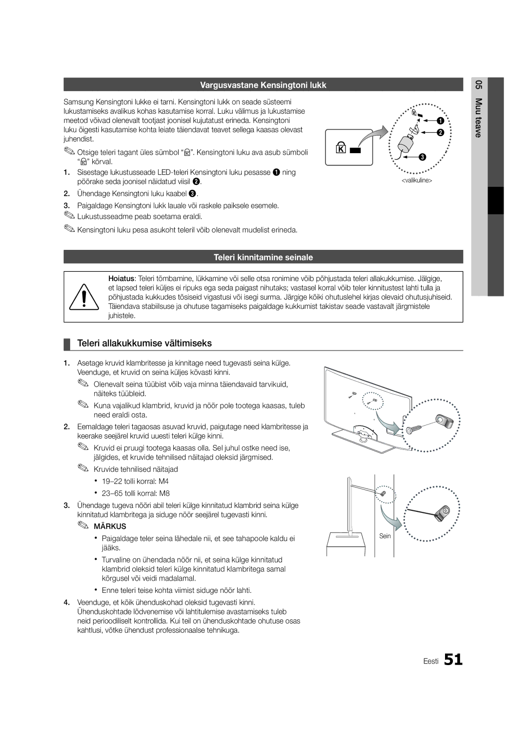 Samsung UE46C6500UWXBT Teleri allakukkumise vältimiseks, Vargusvastane Kensingtoni lukk, Teleri kinnitamine seinale, Sein 