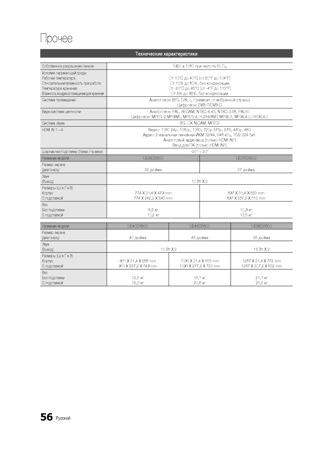 Samsung UE40C6510UWXRU, UE40C6510UWXBT, UE40C6500UWXBT, UE32C6510UWXBT, UE32C6530UWXBT Технические характеристики, 56 Русский 