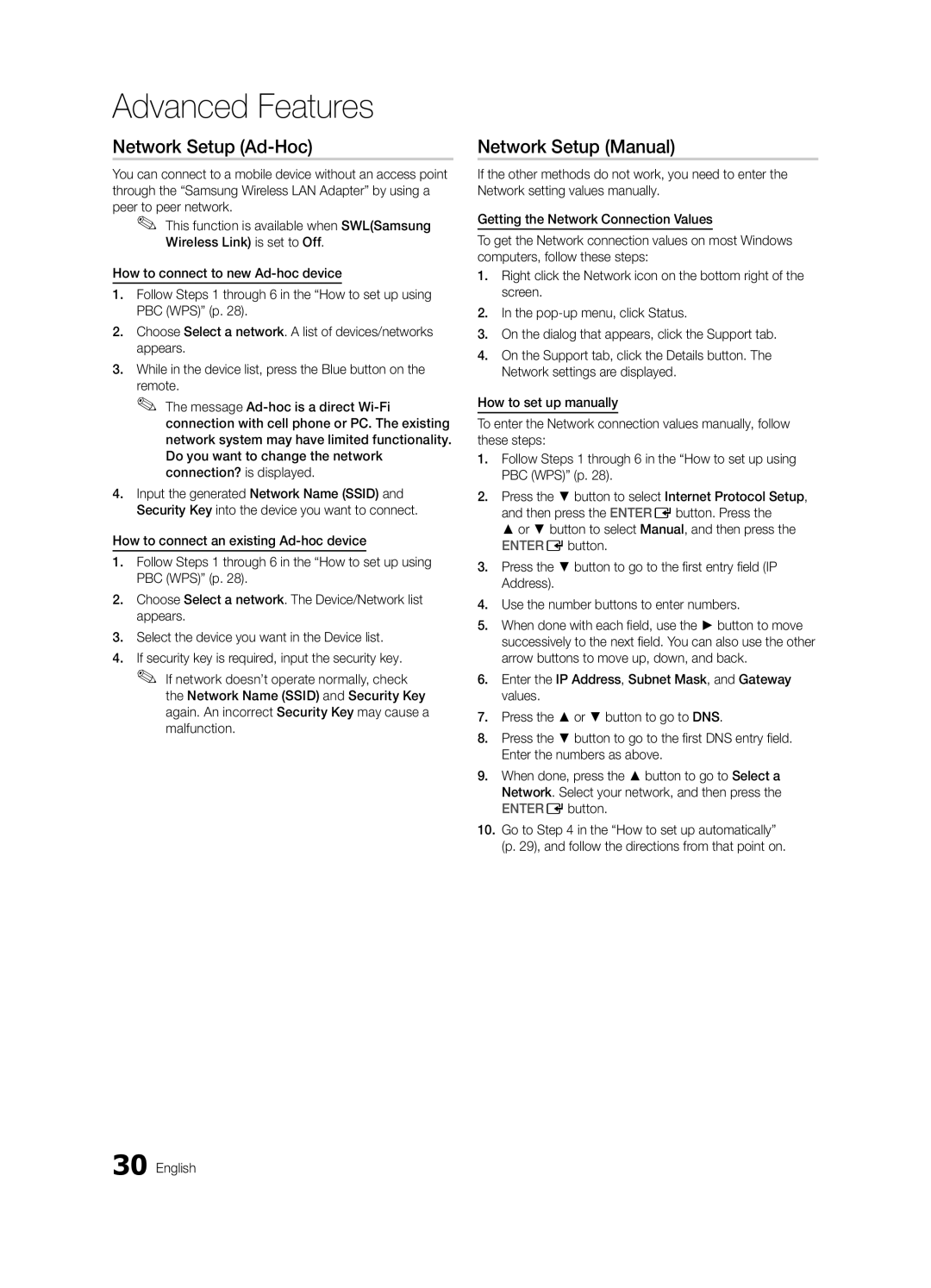 Samsung UE40C6510UWXBT, UE40C6500UWXBT, UE32C6510UWXBT, UE32C6530UWXBT manual Network Setup Ad-Hoc, Network Setup Manual 