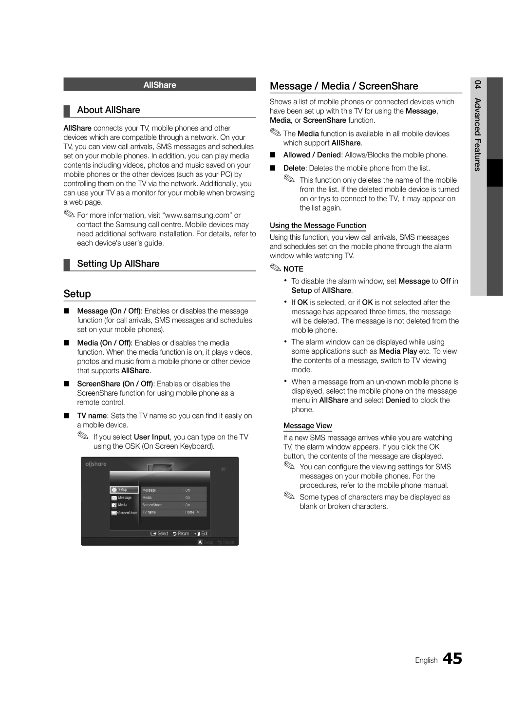 Samsung UE46C6500UWXBT, UE40C6510UWXBT manual Setup, Message / Media / ScreenShare, About AllShare, Setting Up AllShare 