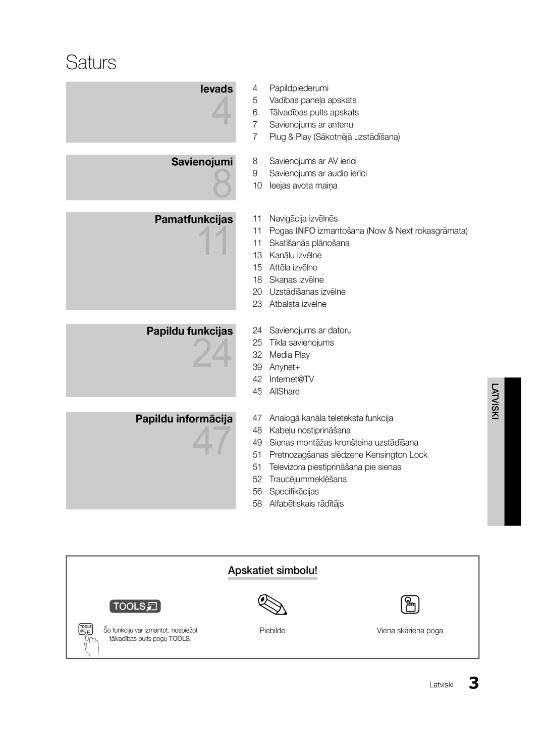 Samsung UE40C6500UWXBT, UE40C6510UWXBT, UE32C6510UWXBT manual Saturs, Apskatiet simbolu, Piebilde, Viena skāriena poga 