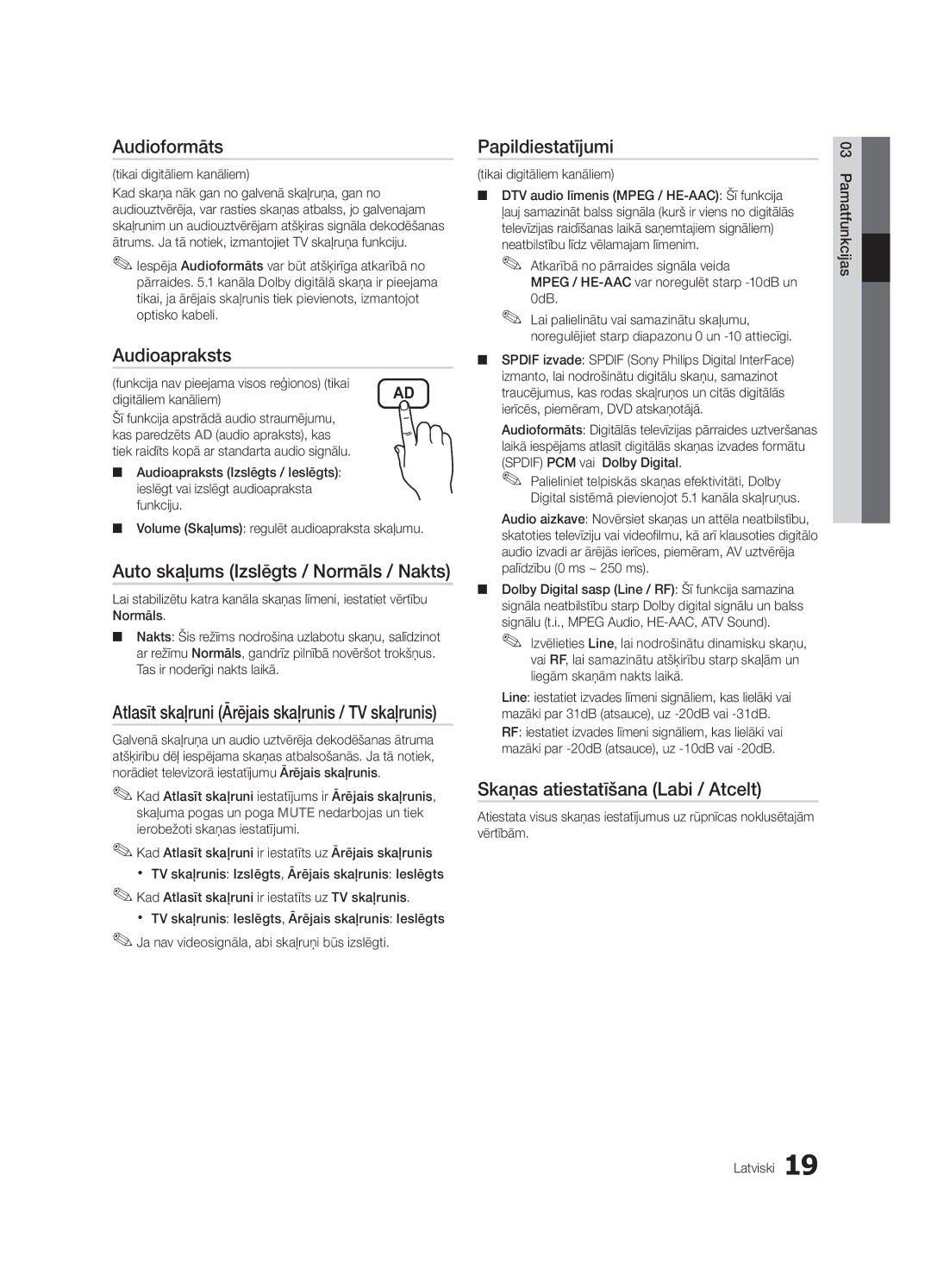 Samsung UE46C6530UWXBT manual Audioformāts, Audioapraksts, Auto skaļums Izslēgts / Normāls / Nakts, Papildiestatījumi 