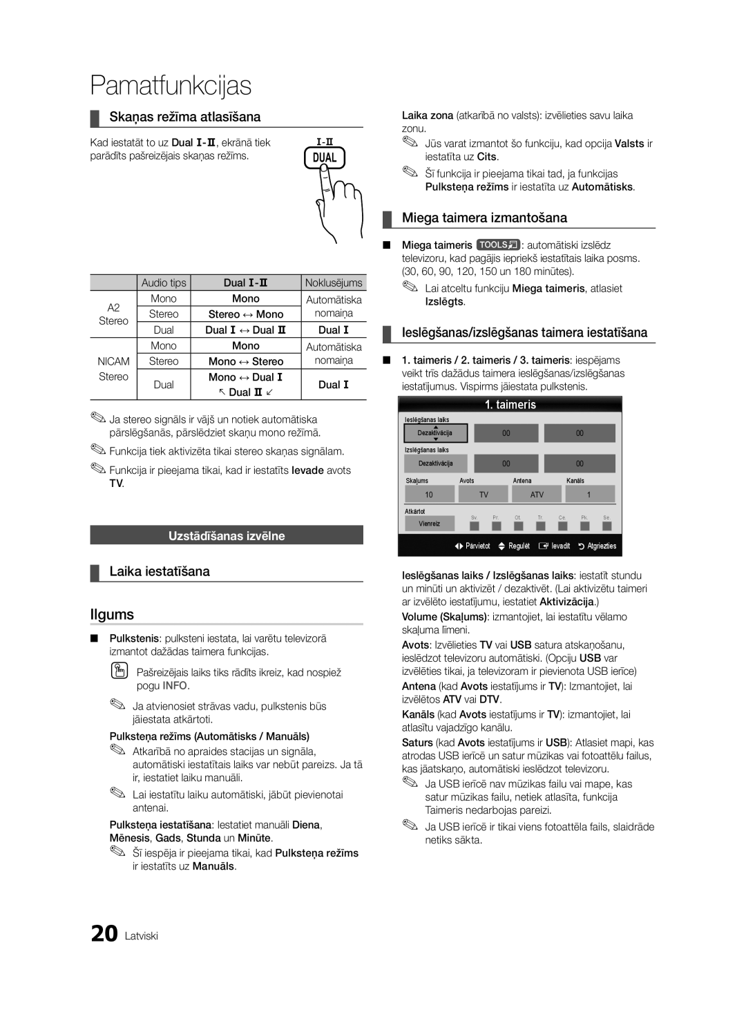 Samsung UE40C6510UWXRU, UE40C6510UWXBT manual Ilgums, Skaņas režīma atlasīšana, Laika iestatīšana, Miega taimera izmantošana 