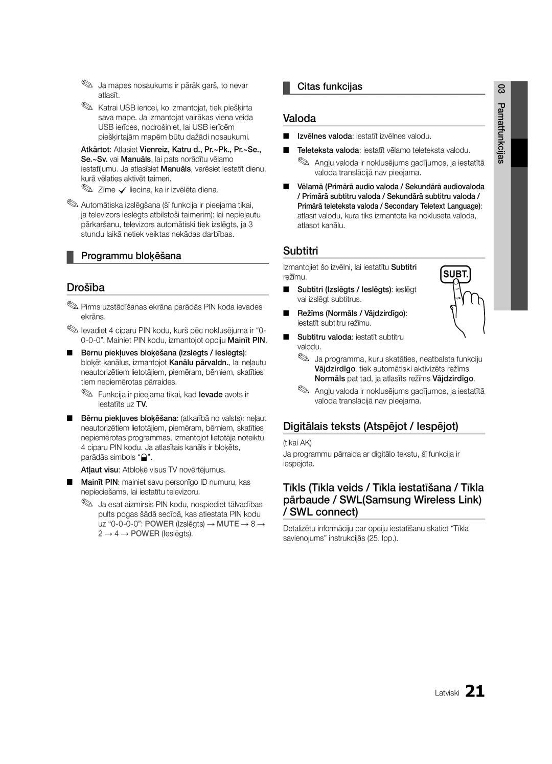 Samsung UE32C6510UWXRU manual Drošība, Valoda, Subtitri, Digitālais teksts Atspējot / Iespējot, Programmu bloķēšana 