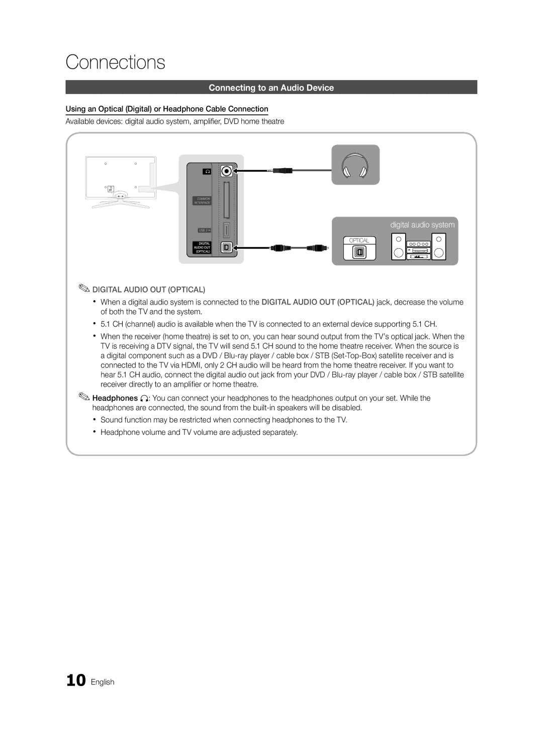 Samsung UE46C6990VSXZG, UE40C6990VSXZG, UE55C6990VSXZG manual Connecting to an Audio Device, Digital Audio OUT Optical 