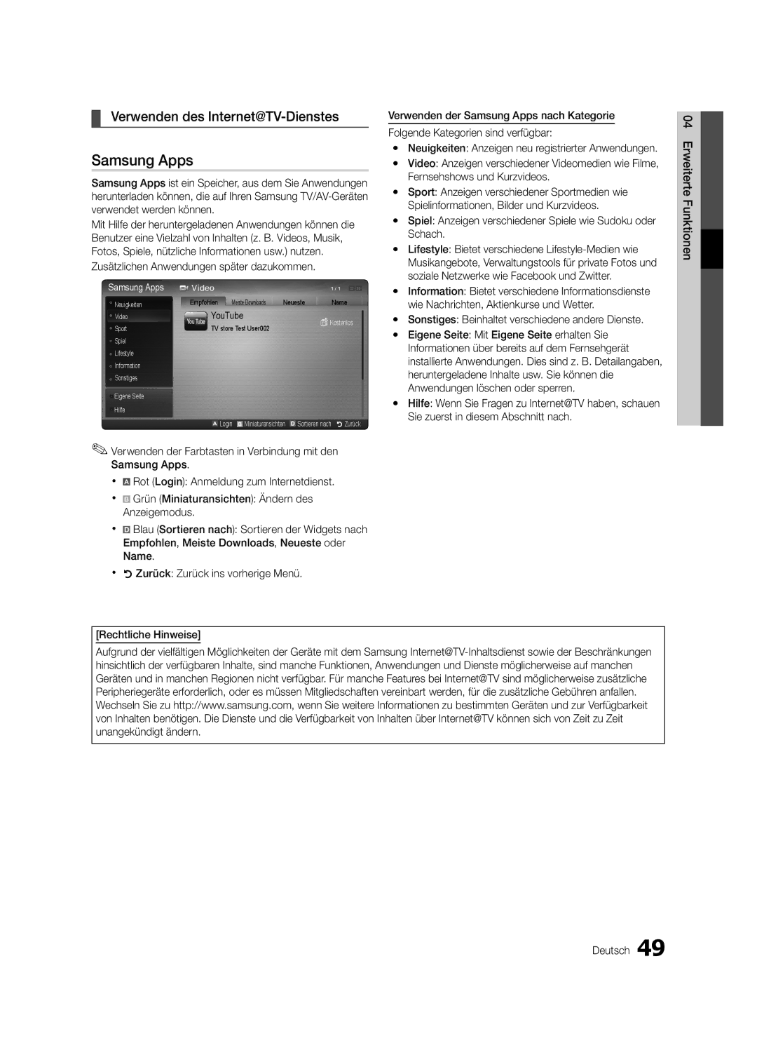 Samsung UE40C6990VSXZG, UE46C6990VSXZG manual Verwenden des Internet@TV-Dienstes, Zusätzlichen Anwendungen später dazukommen 