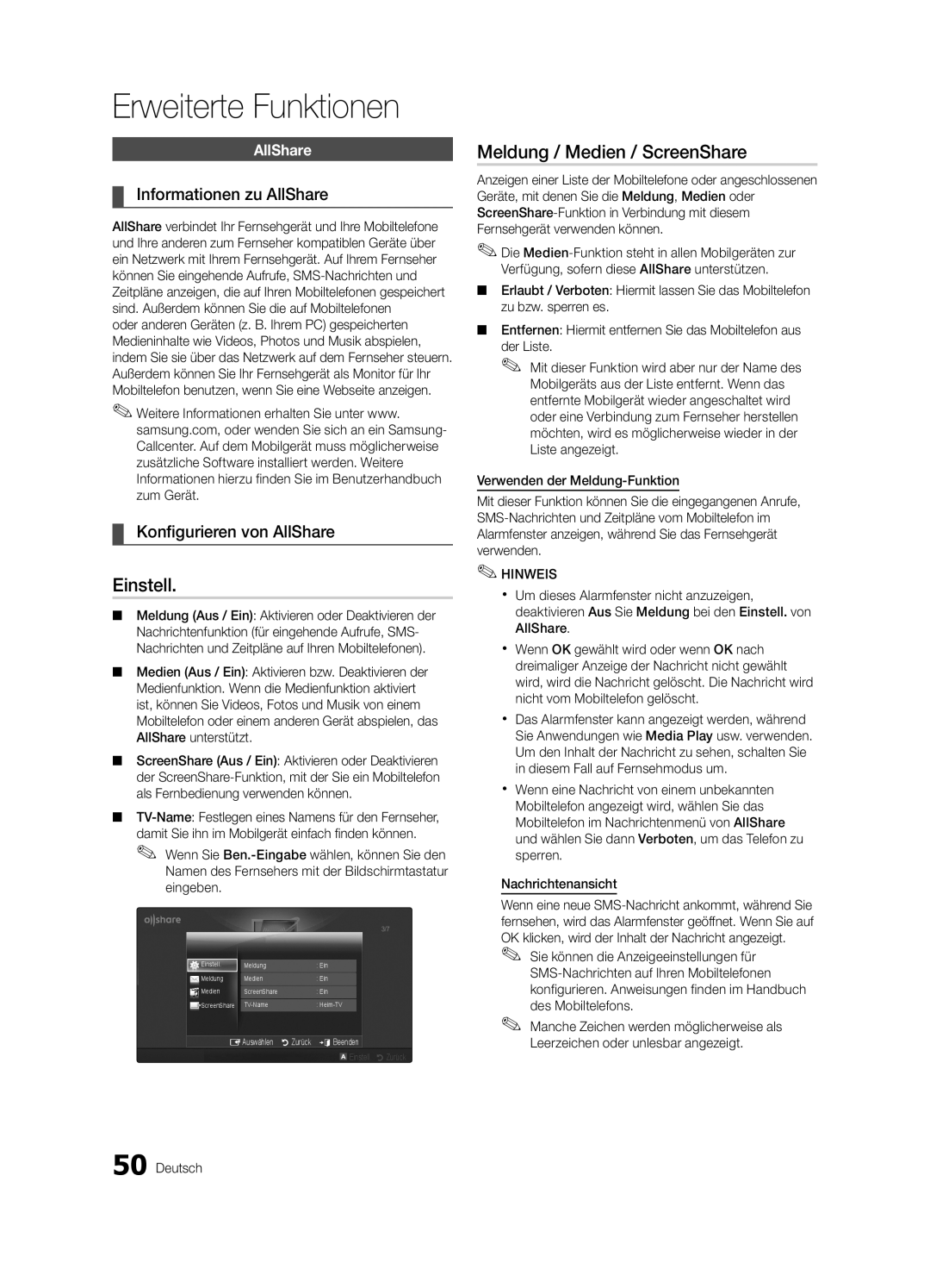 Samsung UE46C6990VSXZG manual Meldung / Medien / ScreenShare, Informationen zu AllShare, Konfigurieren von AllShare 