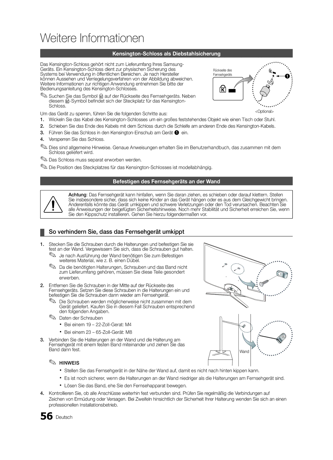 Samsung UE46C6990VSXZG manual So verhindern Sie, dass das Fernsehgerät umkippt, Kensington-Schloss als Diebstahlsicherung 