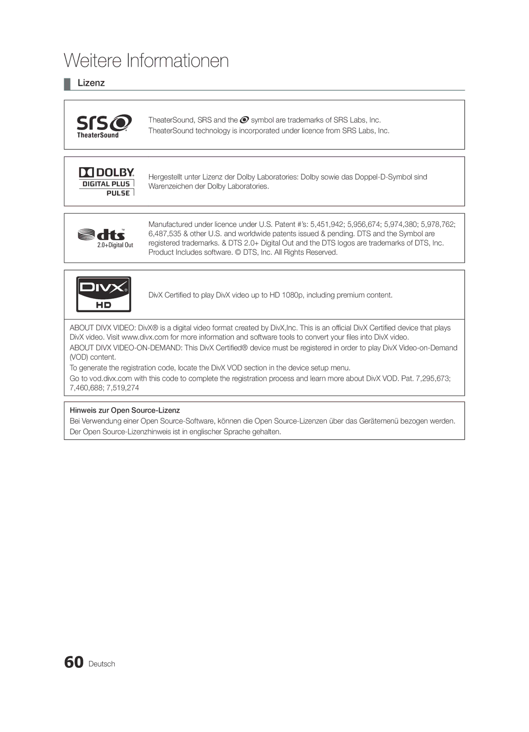 Samsung UE55C6990VSXZG, UE40C6990VSXZG, UE46C6990VSXZG manual Lizenz 