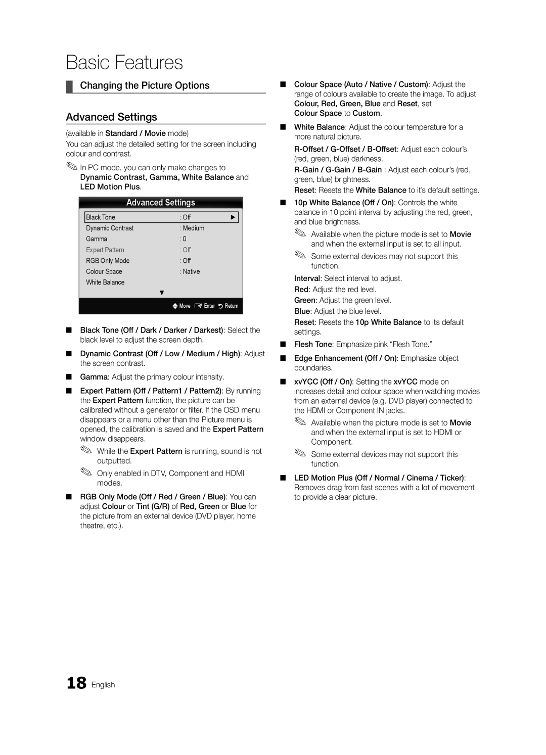 Samsung UE40C6990VSXZG, UE46C6990VSXZG, UE55C6990VSXZG manual Advanced Settings, Changing the Picture Options 