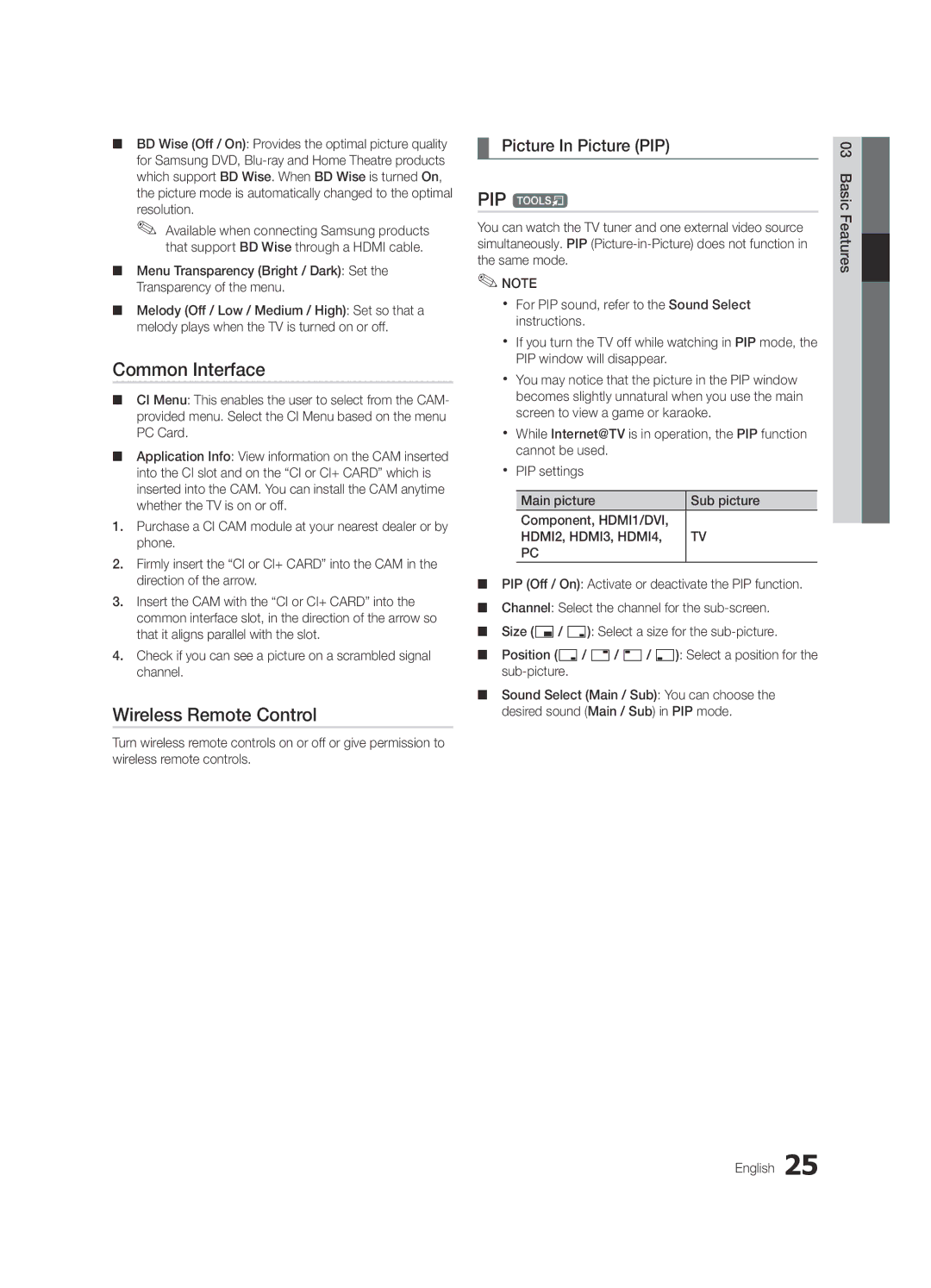 Samsung UE46C6990VSXZG, UE40C6990VSXZG manual Common Interface, Wireless Remote Control, PIP t, Picture In Picture PIP 