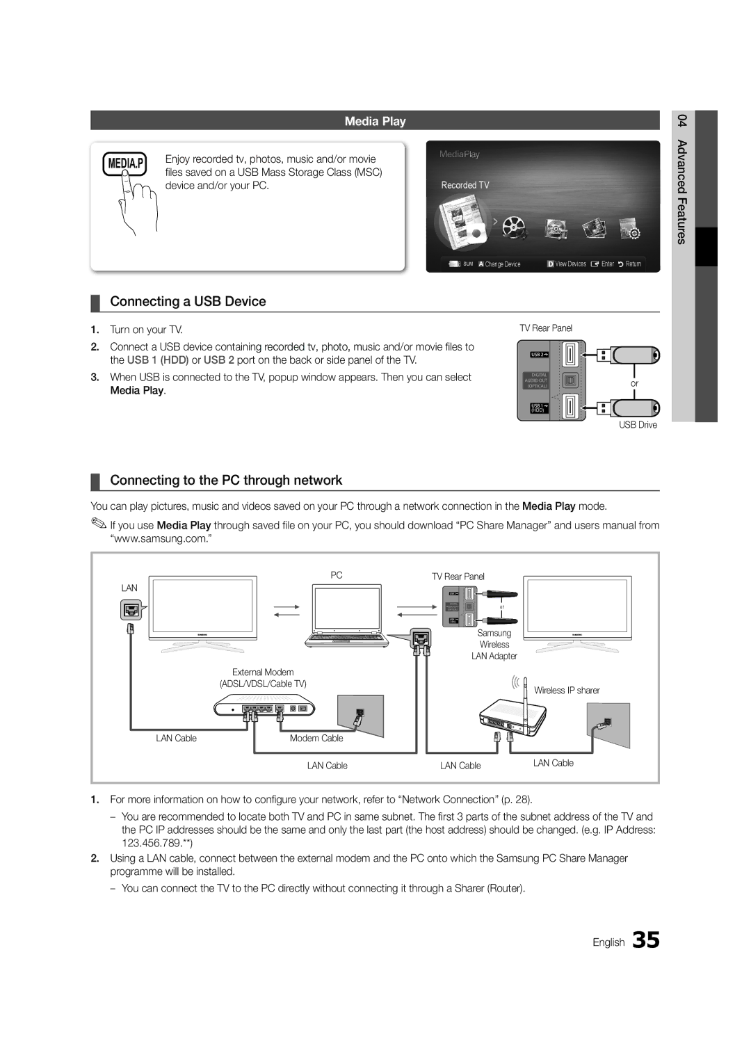 Samsung UE55C6990VSXZG, UE40C6990VSXZG manual Connecting a USB Device, Connecting to the PC through network, Media Play 