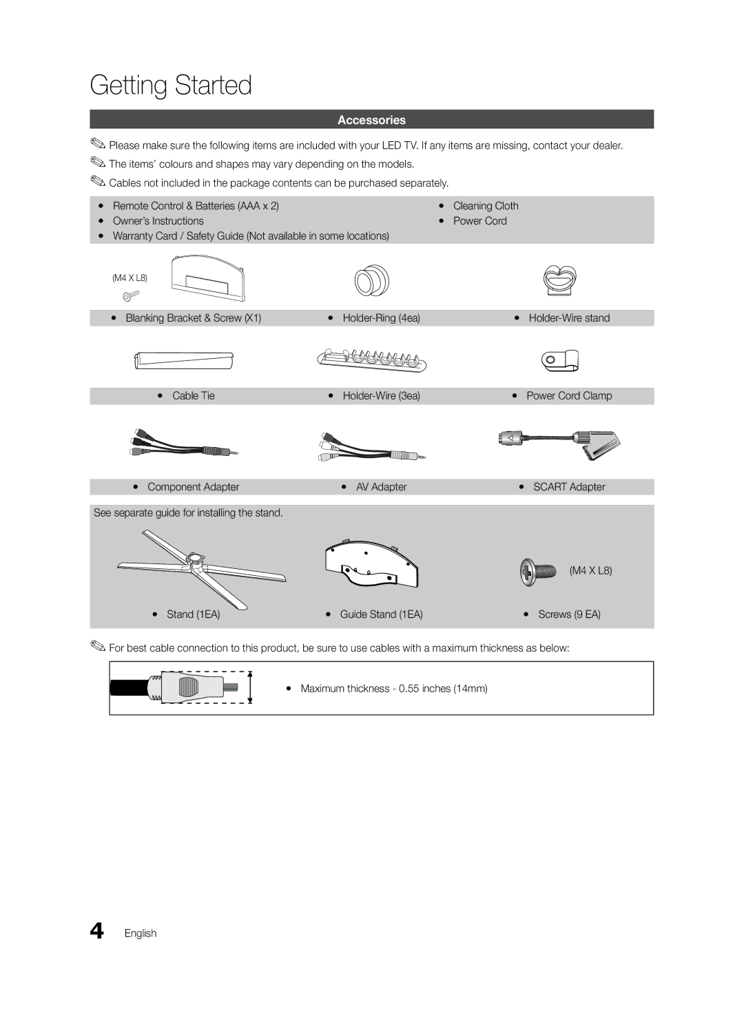 Samsung UE46C6990VSXZG, UE40C6990VSXZG manual Getting Started, Accessories, Yy Blanking Bracket & Screw Yy Holder-Ring 4ea 