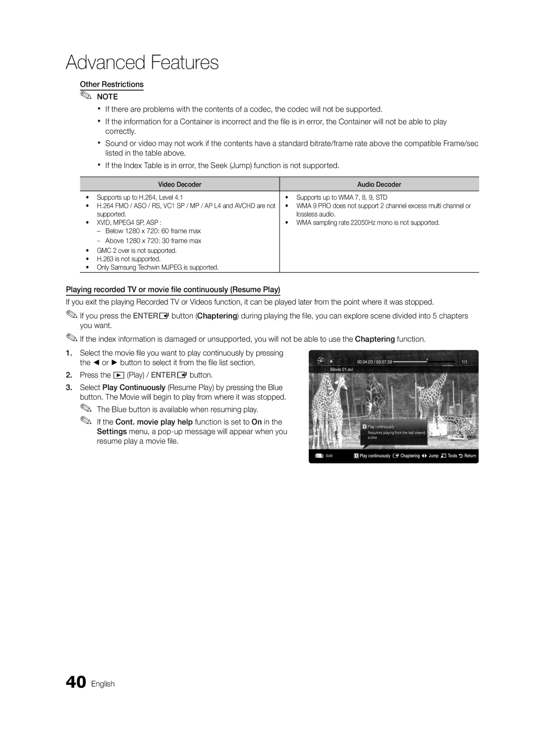 Samsung UE46C6990VSXZG, UE40C6990VSXZG manual Supported Lossless audio, WMA sampling rate 22050Hz mono is not supported 