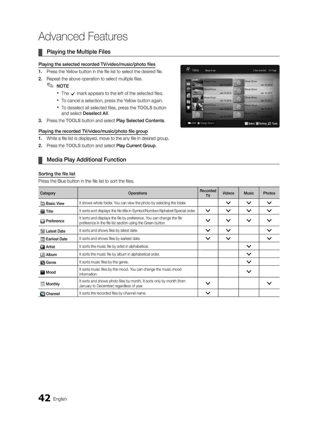 Samsung UE40C6990VSXZG, UE46C6990VSXZG, UE55C6990VSXZG manual Playing the Multiple Files, Media Play Additional Function 