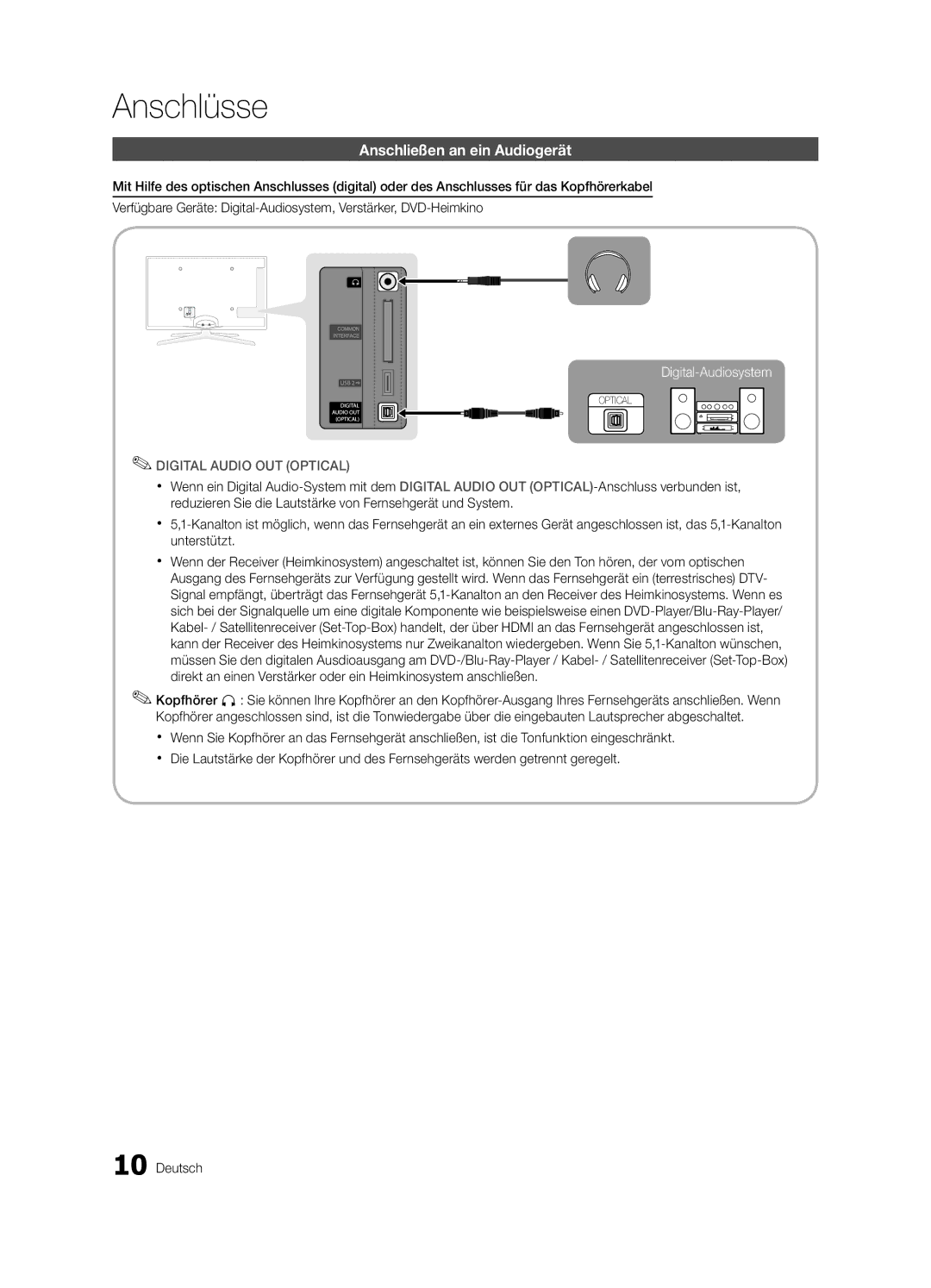 Samsung UE40C6990VSXZG, UE46C6990VSXZG, UE55C6990VSXZG manual Anschließen an ein Audiogerät 