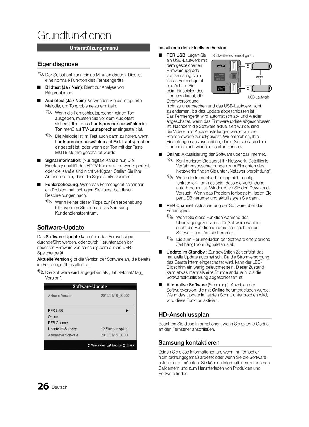 Samsung UE46C6990VSXZG, UE40C6990VSXZG manual Eigendiagnose, Software-Update, HD-Anschlussplan, Samsung kontaktieren 