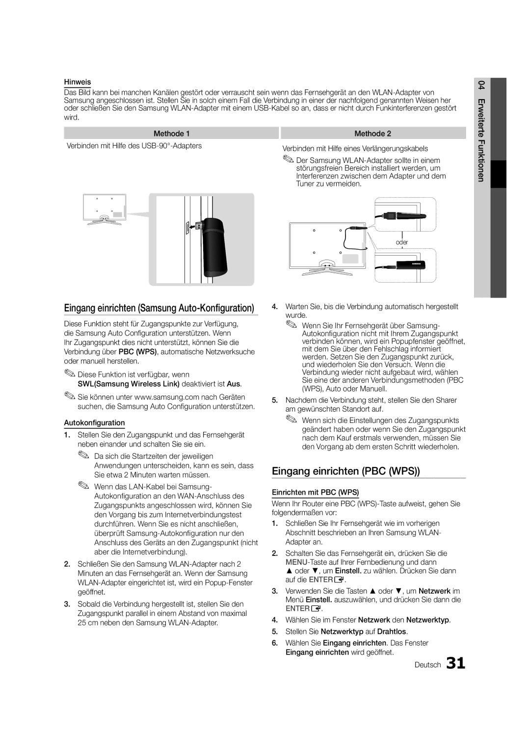 Samsung UE40C6990VSXZG Eingang einrichten Samsung Auto-Konfiguration, Eingang einrichten PBC WPS, Einrichten mit PBC WPS 