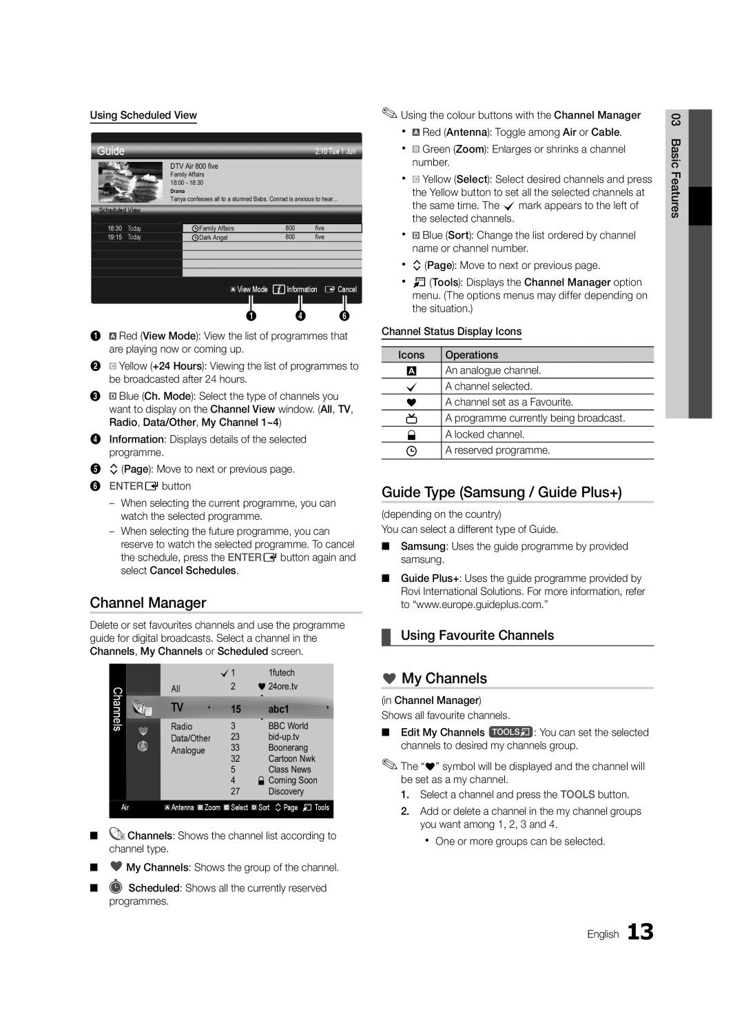 Samsung UE46C7000WKXXU manual Channel Manager, Guide Type Samsung / Guide Plus+, My Channels, Using Favourite Channels 