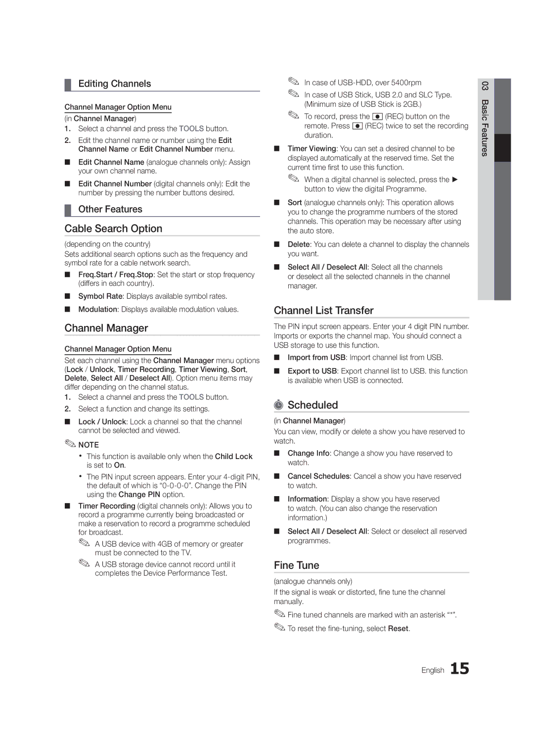 Samsung UE46C7000WKXXU, UE40C7000WKXXU manual Cable Search Option, Channel List Transfer, Scheduled, Fine Tune 