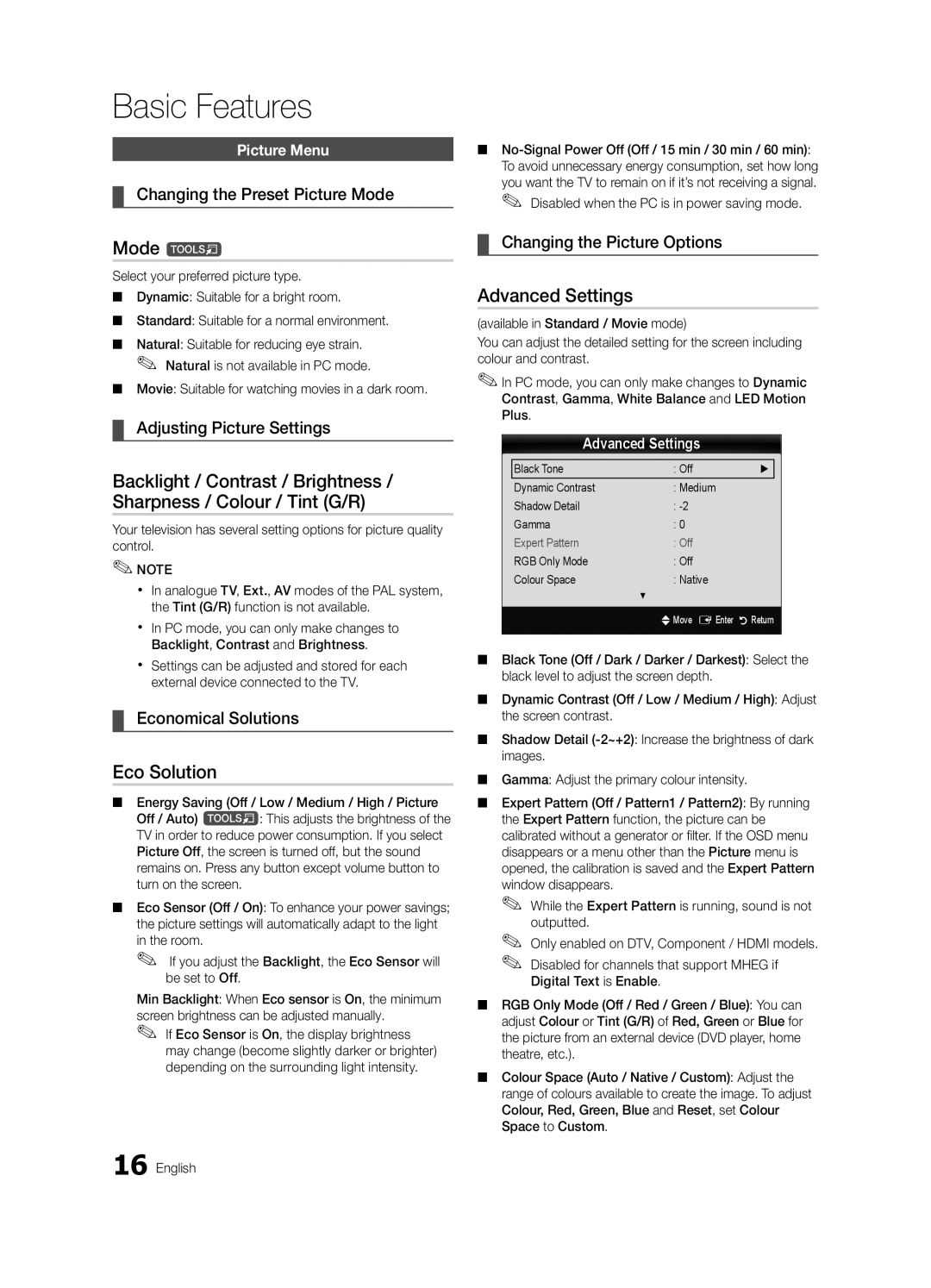 Samsung UE40C7000WKXXU, UE46C7000WKXXU manual Mode t, Eco Solution, Advanced Settings 