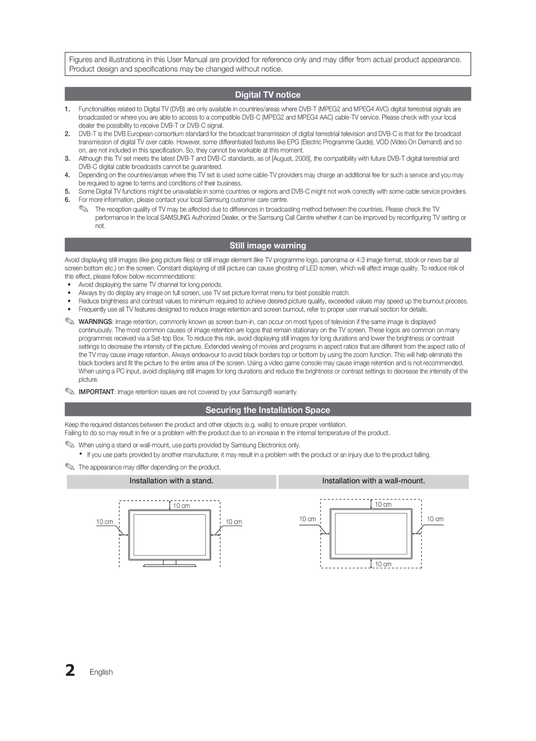 Samsung UE40C7000WKXXU, UE46C7000WKXXU manual 10 cm 