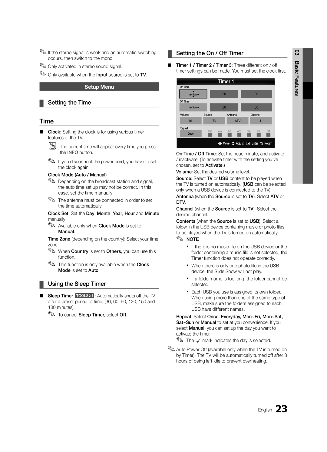 Samsung UE46C7000WKXXU, UE40C7000WKXXU manual Setting the Time, Using the Sleep Timer, Setting the On / Off Timer 