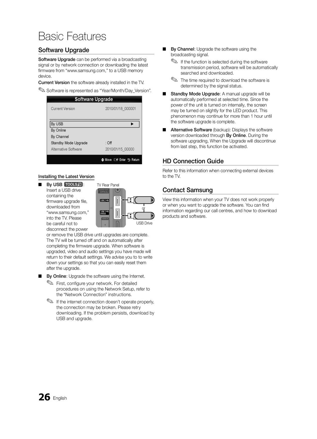 Samsung UE40C7000WKXXU, UE46C7000WKXXU manual Software Upgrade, HD Connection Guide, Contact Samsung 