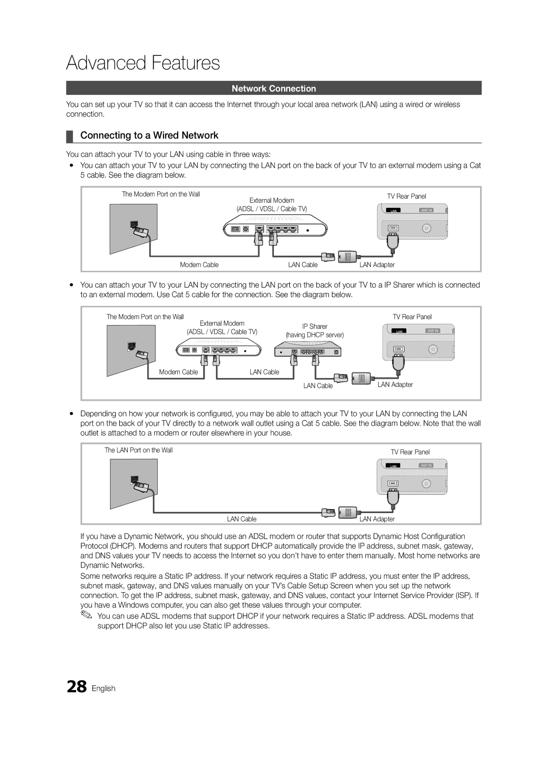 Samsung UE40C7000WKXXU, UE46C7000WKXXU manual Connecting to a Wired Network, Network Connection 