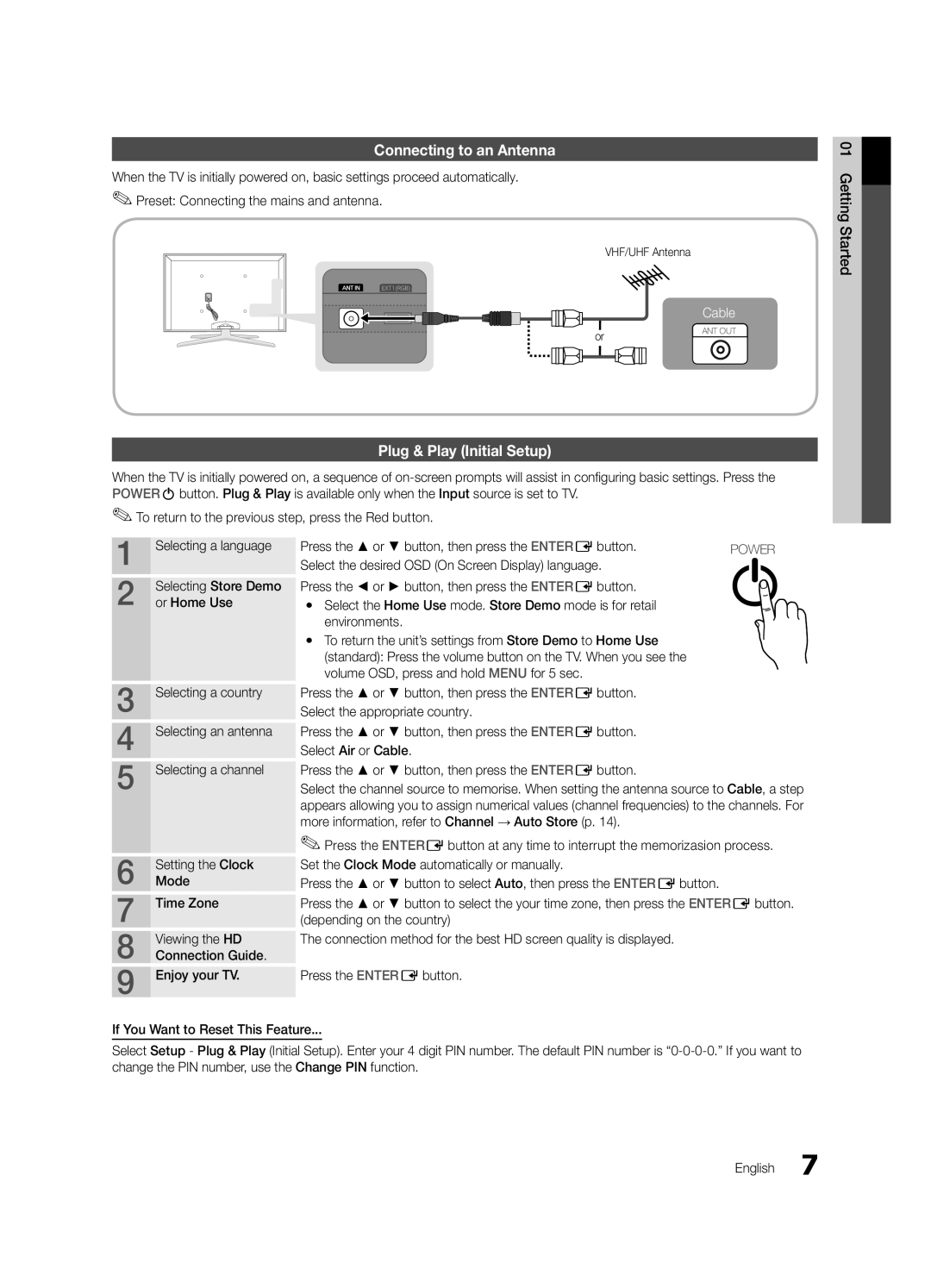 Samsung UE46C7000WKXXU manual Connecting to an Antenna, Press the or button, then press the ENTEREbutton, VHF/UHF Antenna 