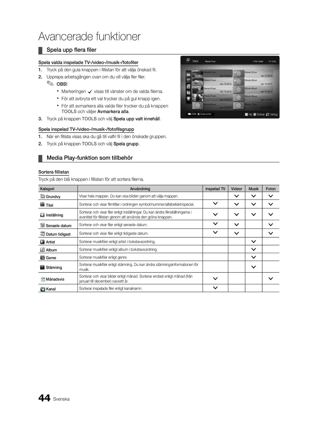 Samsung UE40C8790XSXZG manual Spela upp flera filer, Media Play-funktion som tillbehör, Inställning, Musik Månadsvis 