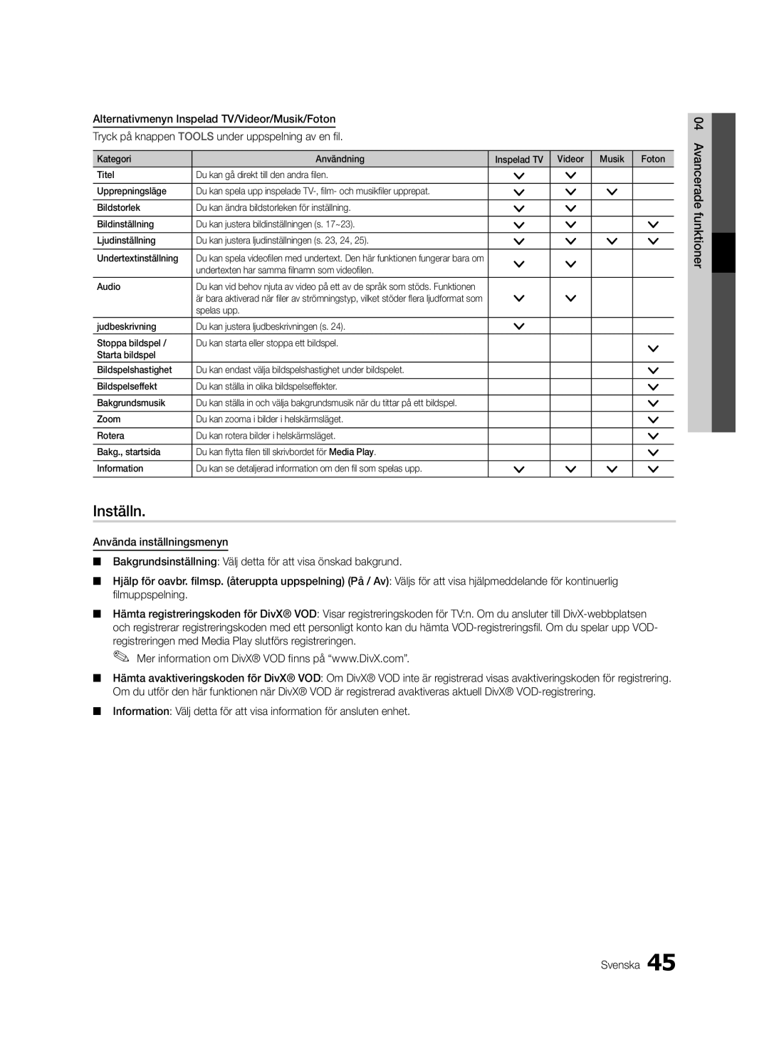 Samsung UE40C8700XSXZG, UE40C8790XSXZG, UE40C8700XSXXN manual Inställn, Undertexten har samma filnamn som videofilen Audio 