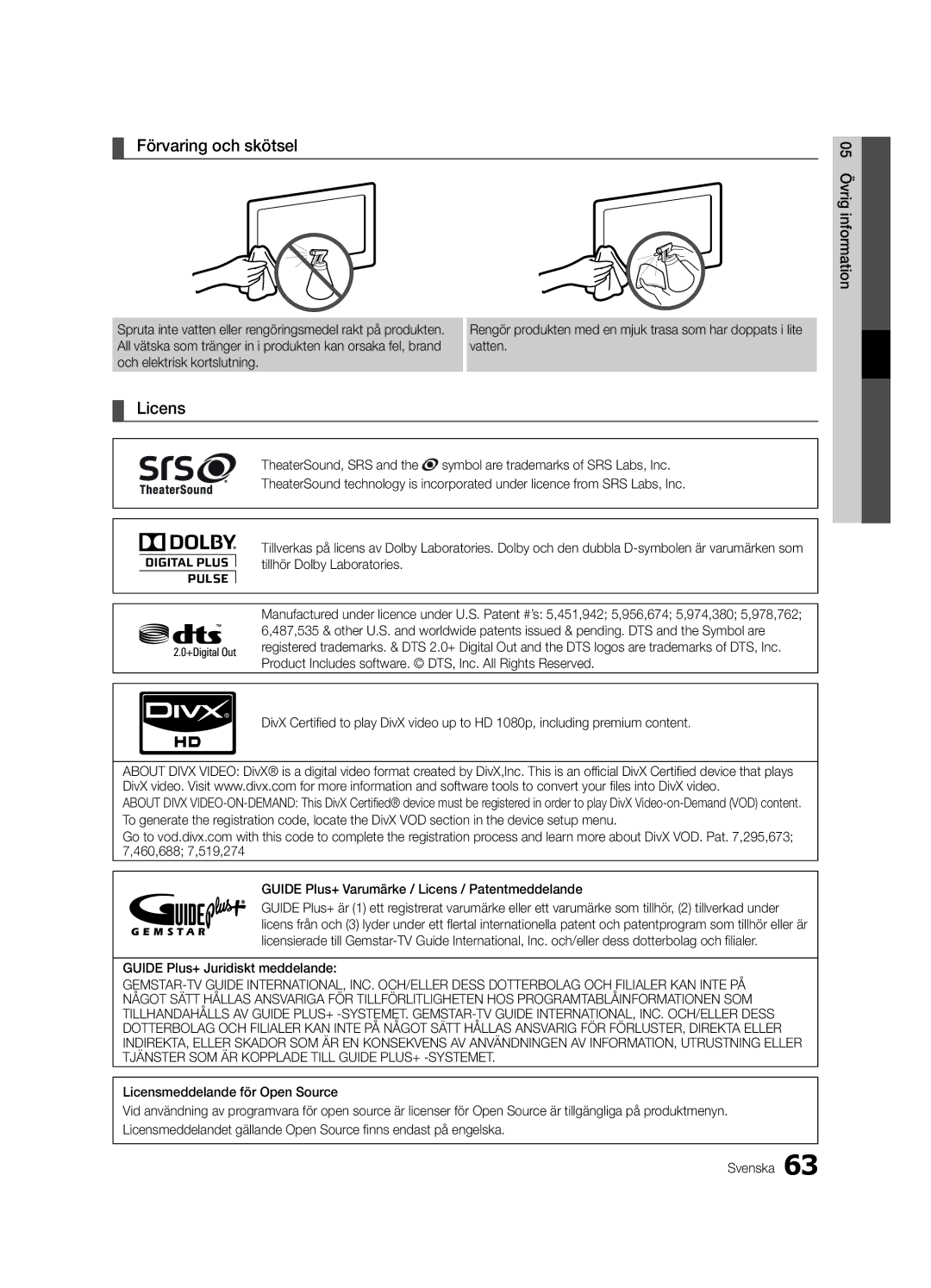 Samsung UE55C8705XSXXE, UE40C8790XSXZG, UE40C8700XSXZG, UE40C8700XSXXN, UE40C8700XSXZF manual Förvaring och skötsel, Licens 