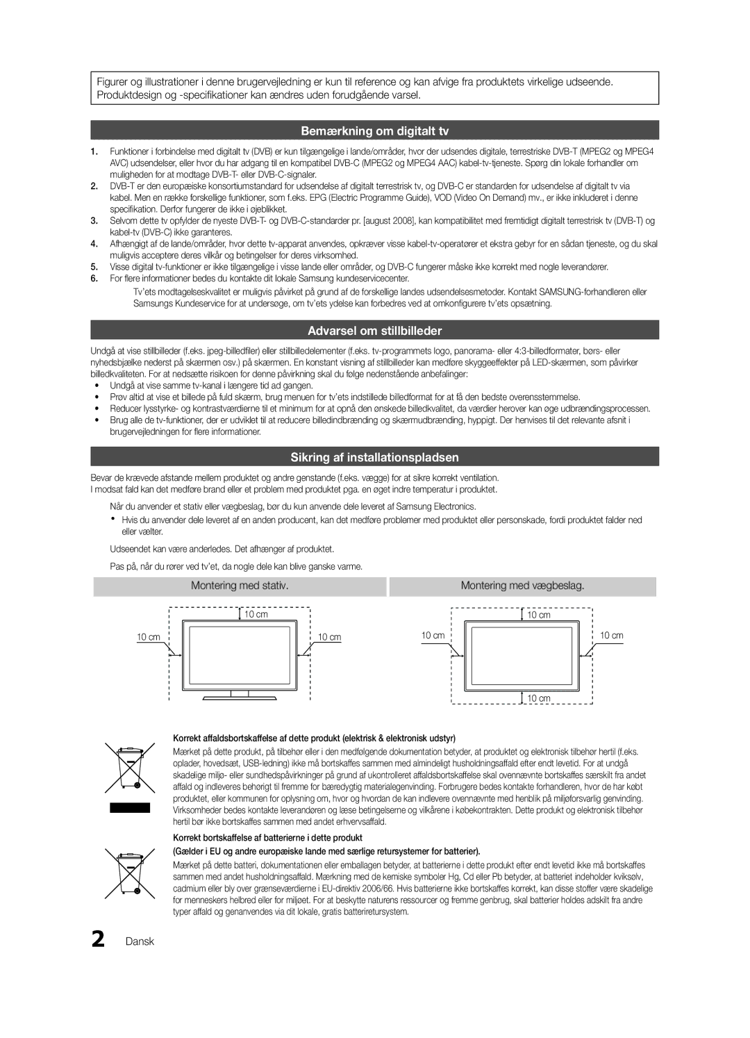 Samsung UE46C8705XSXXE, UE40C8790XSXZG, UE40C8700XSXZG, UE40C8700XSXXN, UE40C8700XSXZF manual Montering med vægbeslag, Dansk 